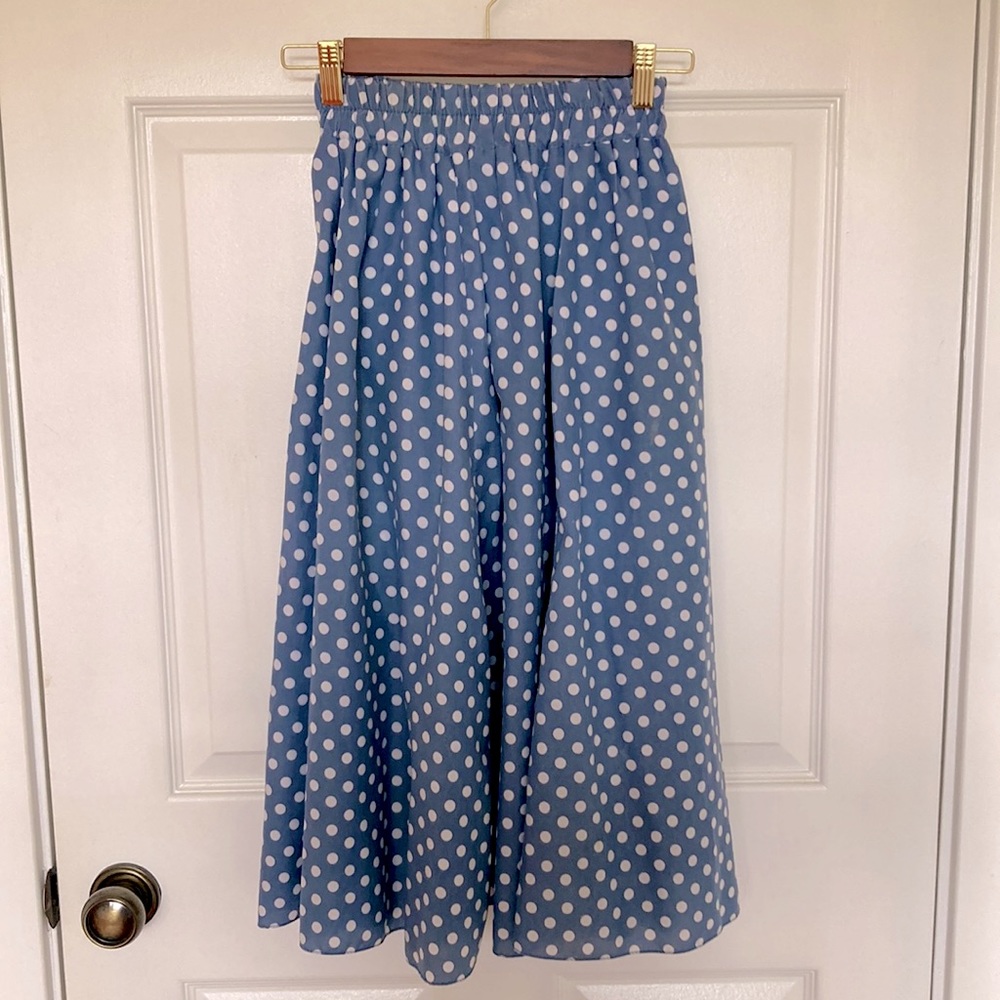 Blue Polka Dot Midi Skirt with Elastic Waist